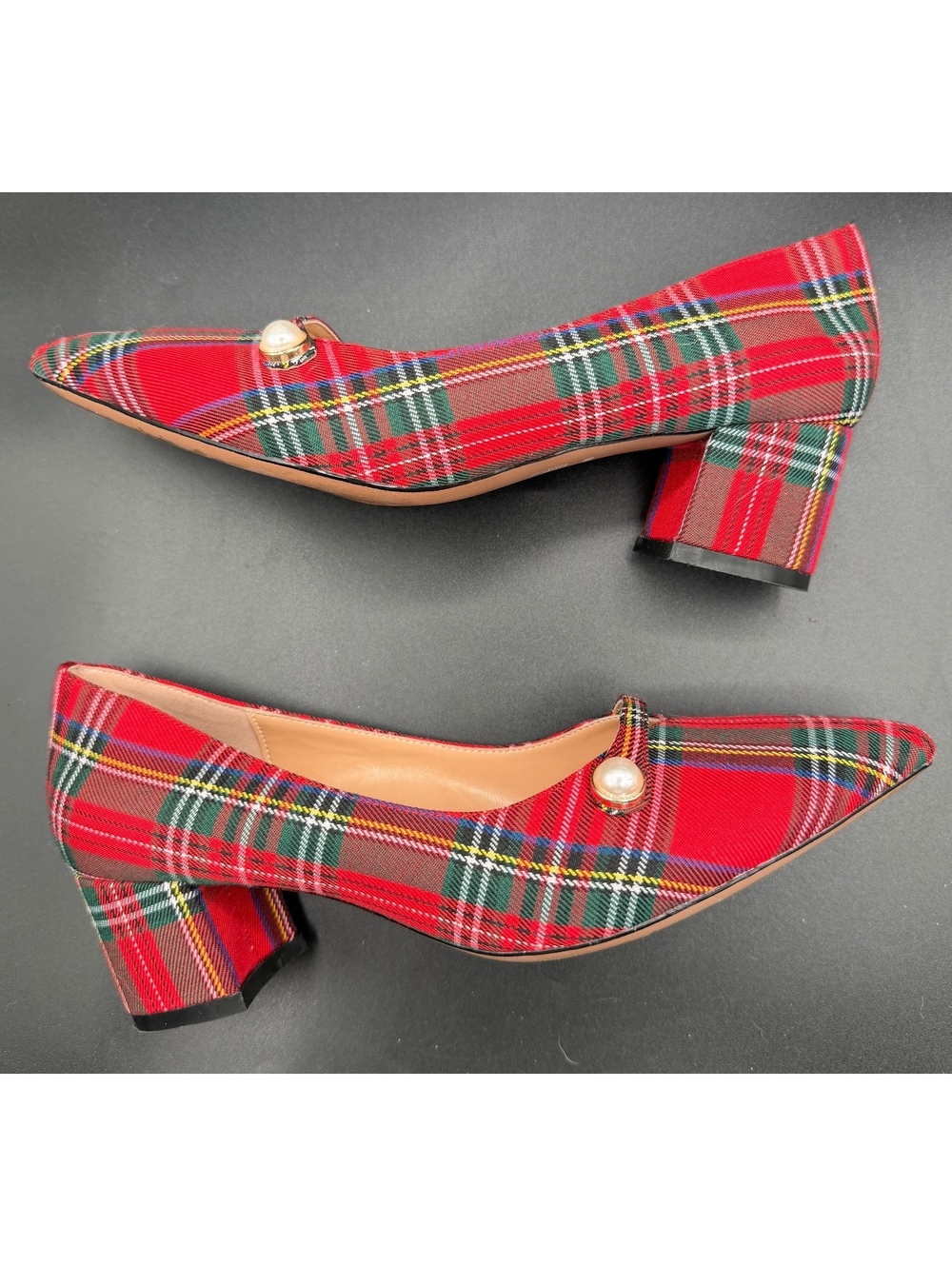 Roserwish red tartan plaid pumps women’s 8 holiday pearl block heel Christmas